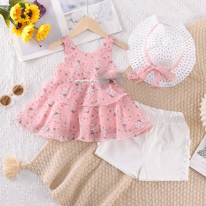 Girls Floral Bow Pearl Chiffon Suspender Set with Hat