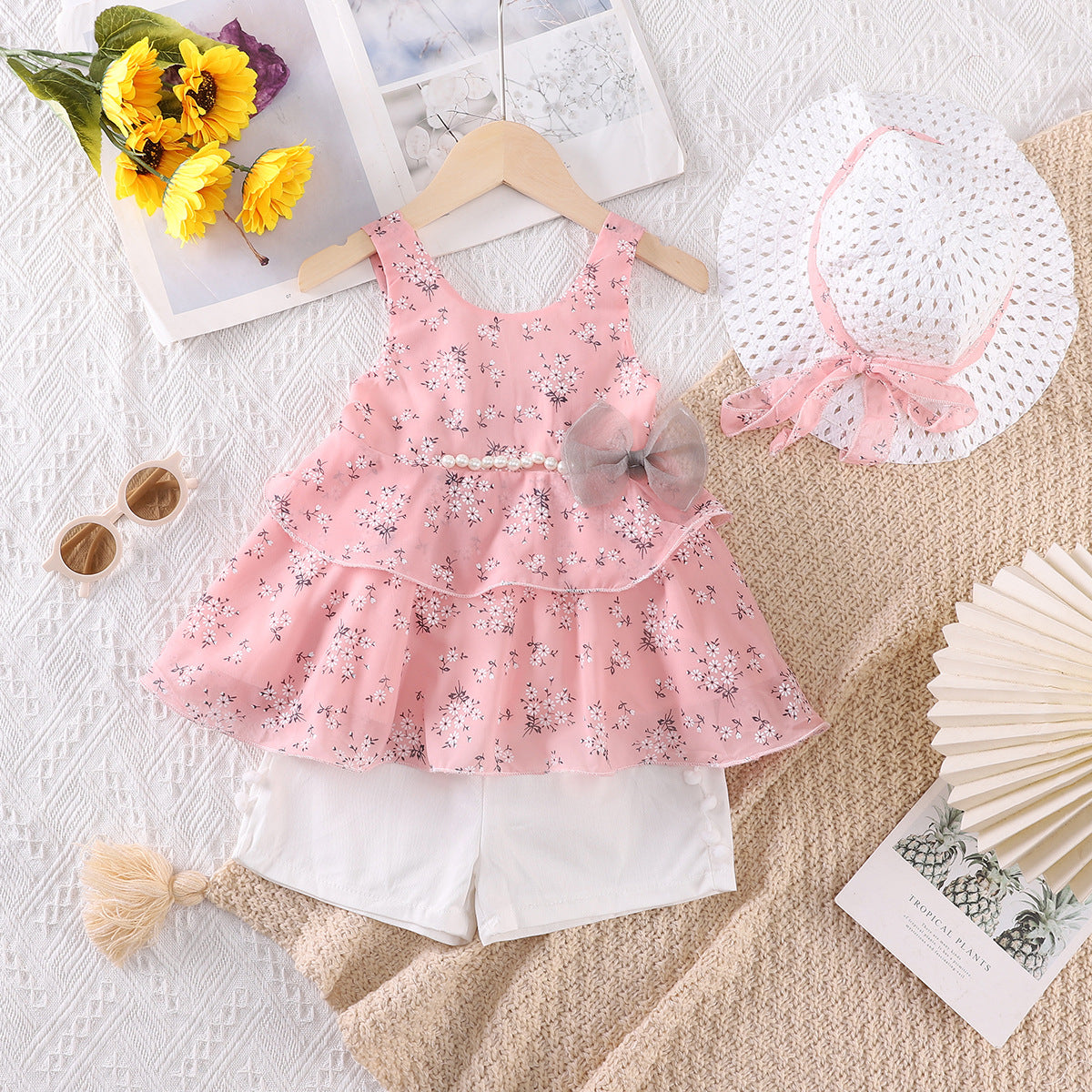 Girls Floral Bow Pearl Chiffon Suspender Set with Hat