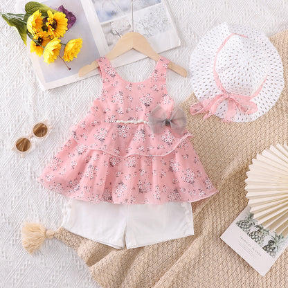 Girls Floral Bow Pearl Chiffon Suspender Set with Hat