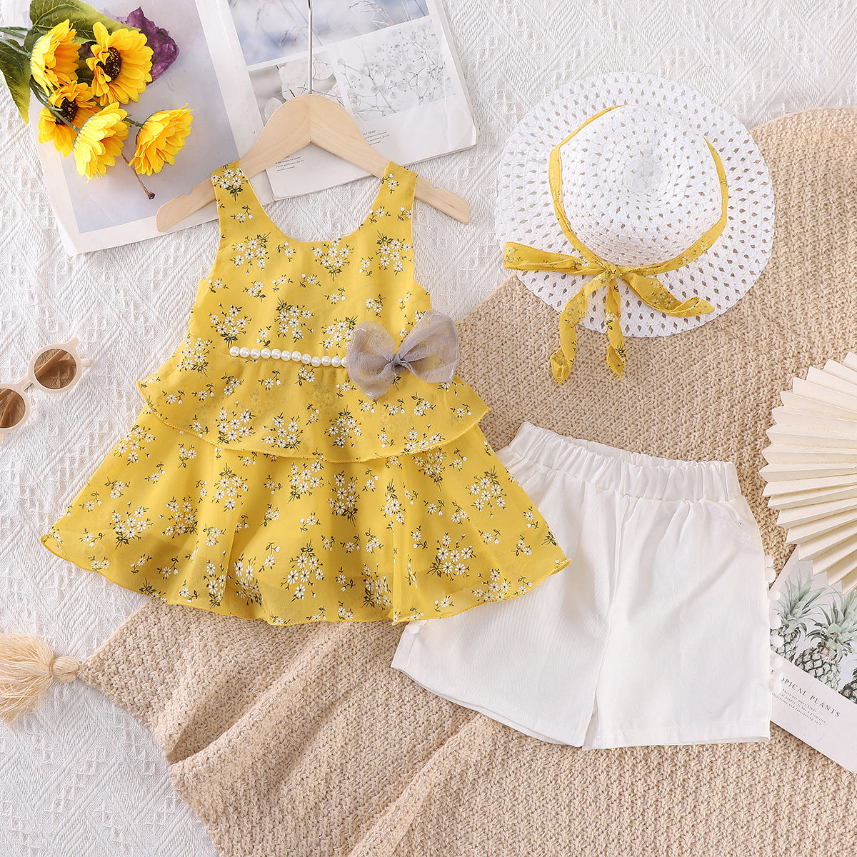 Girls Floral Bow Pearl Chiffon Suspender Set with Hat