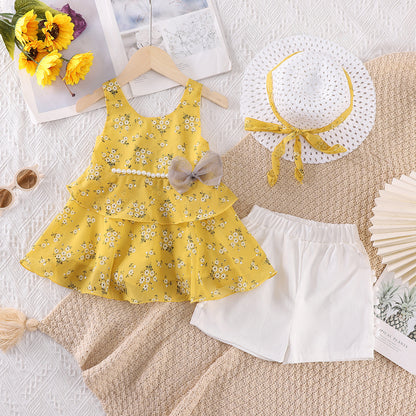 Girls Floral Bow Pearl Chiffon Suspender Set with Hat