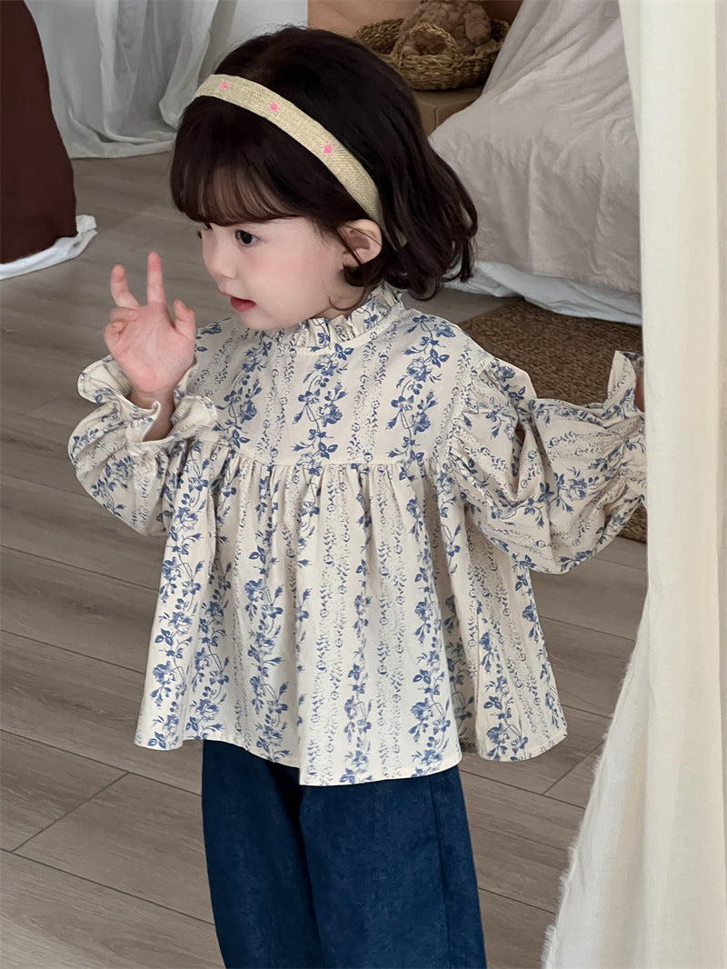 Girls Floral Bubble Sleeve Shirt