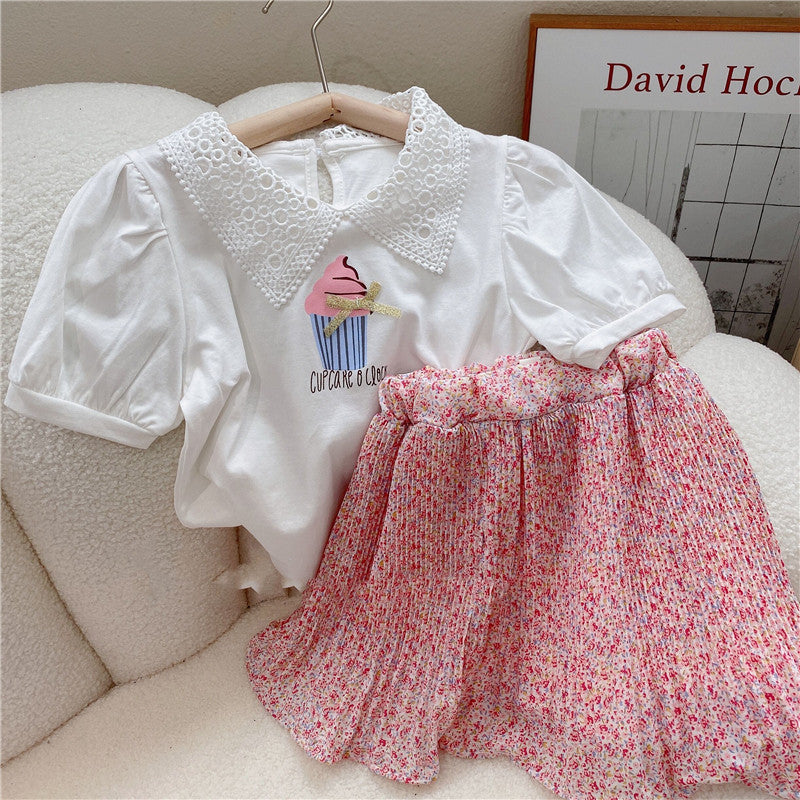Girls Floral Lapel Top with Short Skirt