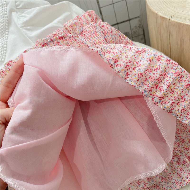 Girls Floral Lapel Top with Short Skirt