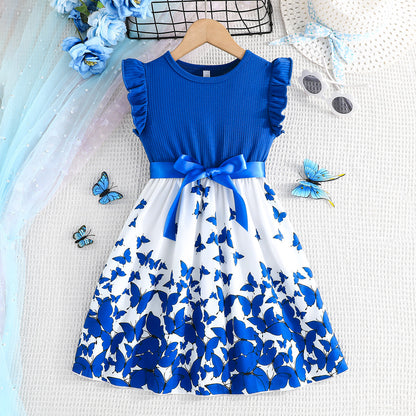Girls Flutter Sleeve Butterfly Print Dress
