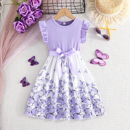 Girls Flutter Sleeve Butterfly Print Dress