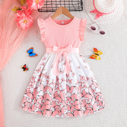 Girls Flutter Sleeve Butterfly Print Dress