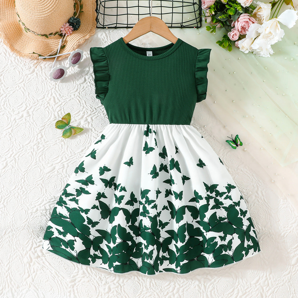 Girls Flutter Sleeve Butterfly Print Dress