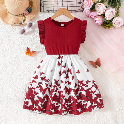 Girls Flutter Sleeve Butterfly Print Dress