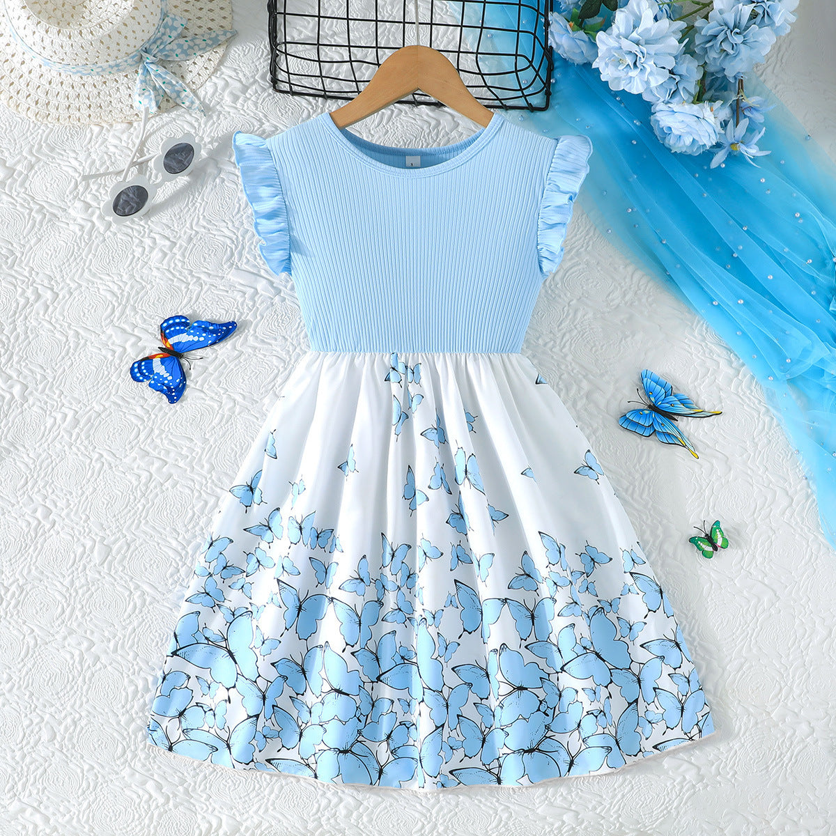 Girls Flutter Sleeve Butterfly Print Dress