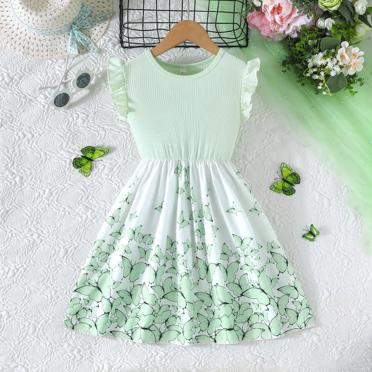 Girls Flutter Sleeve Butterfly Print Dress