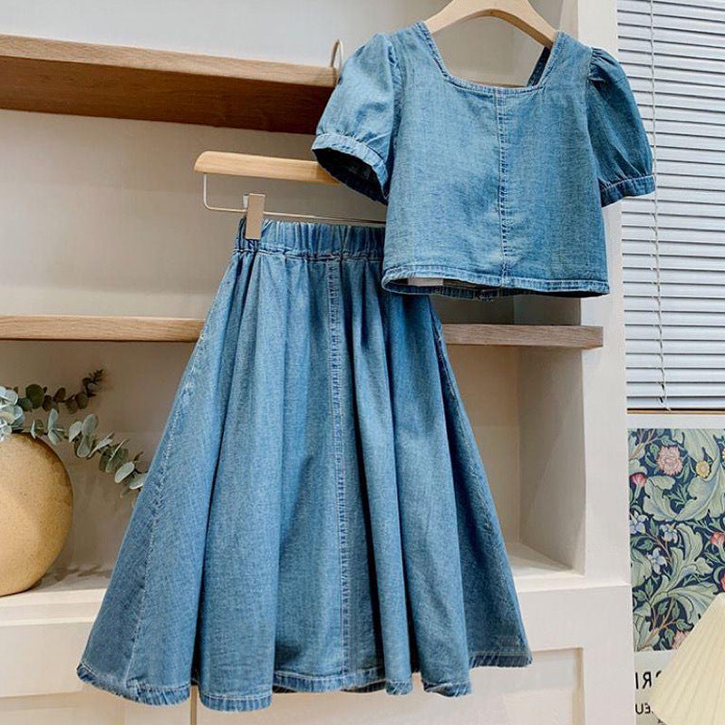 Girls French Style Denim Dress Suit