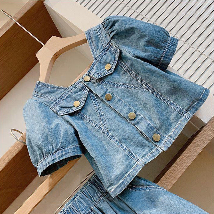 Girls French Style Denim Dress Suit