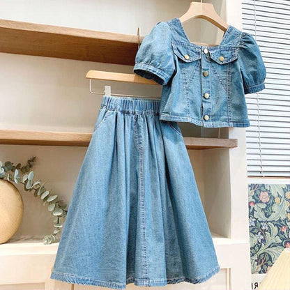 Girls French Style Denim Dress Suit