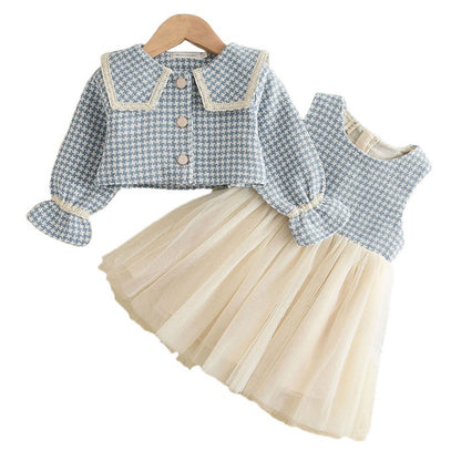 Girls Houndstooth Jacket Vest Skirt Set