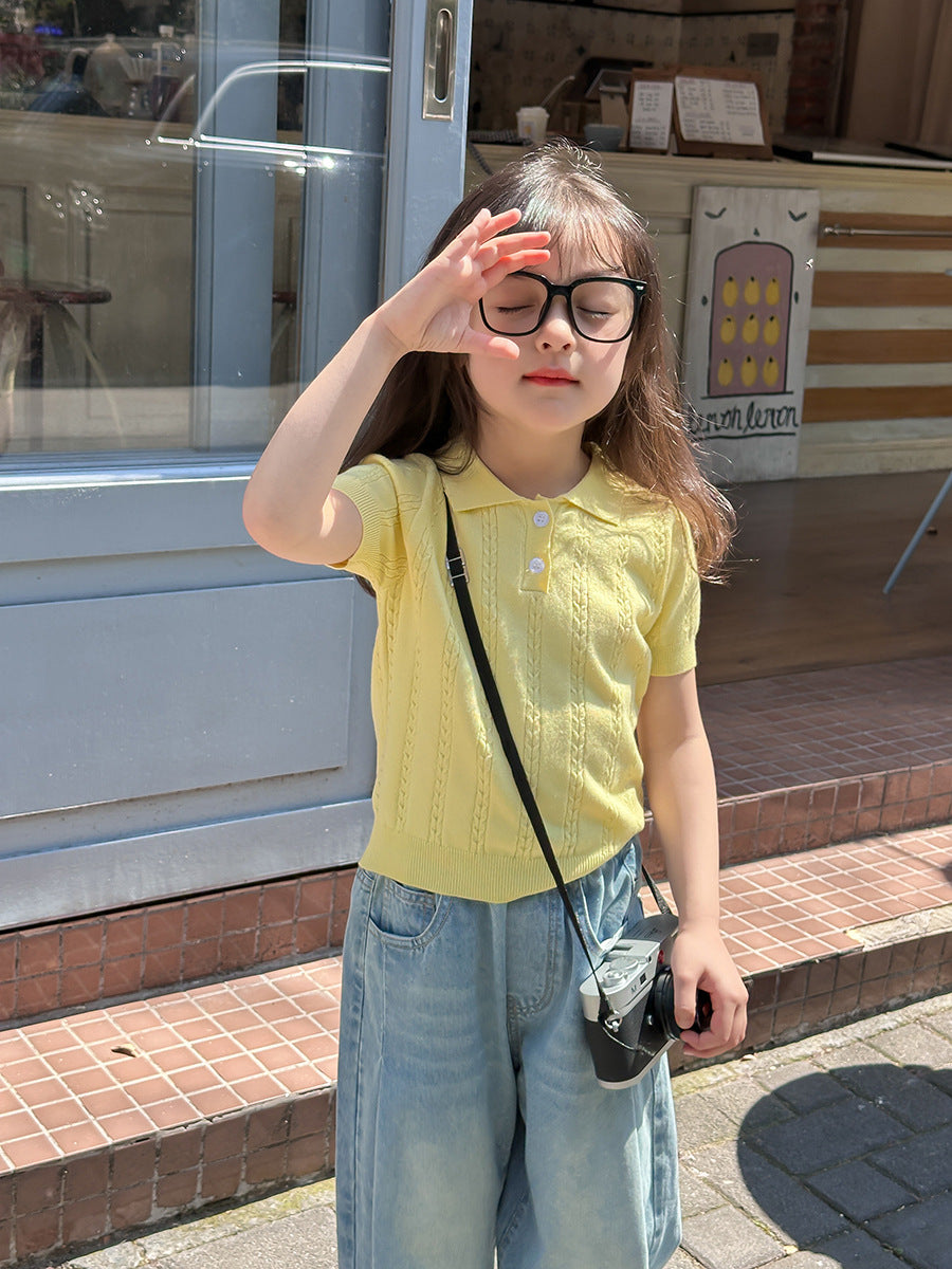 Girls Knitted Cable Polo Shirt