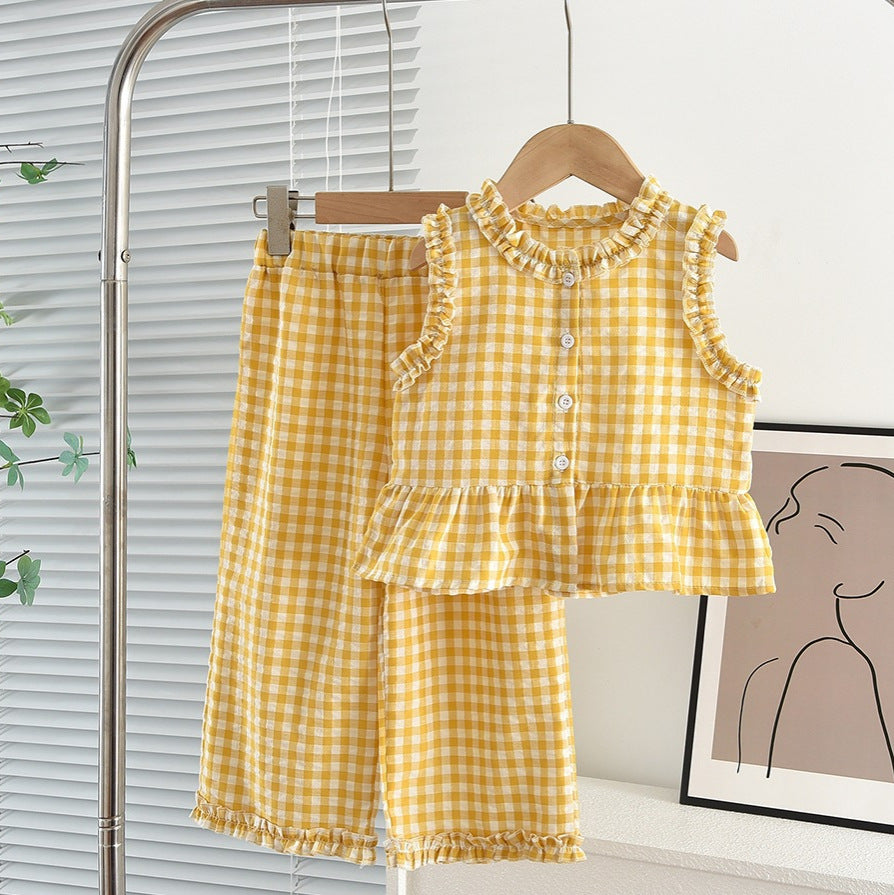 Girls Lace Contrast Plaid Sleeveless Vest and Wide-leg Pants Set