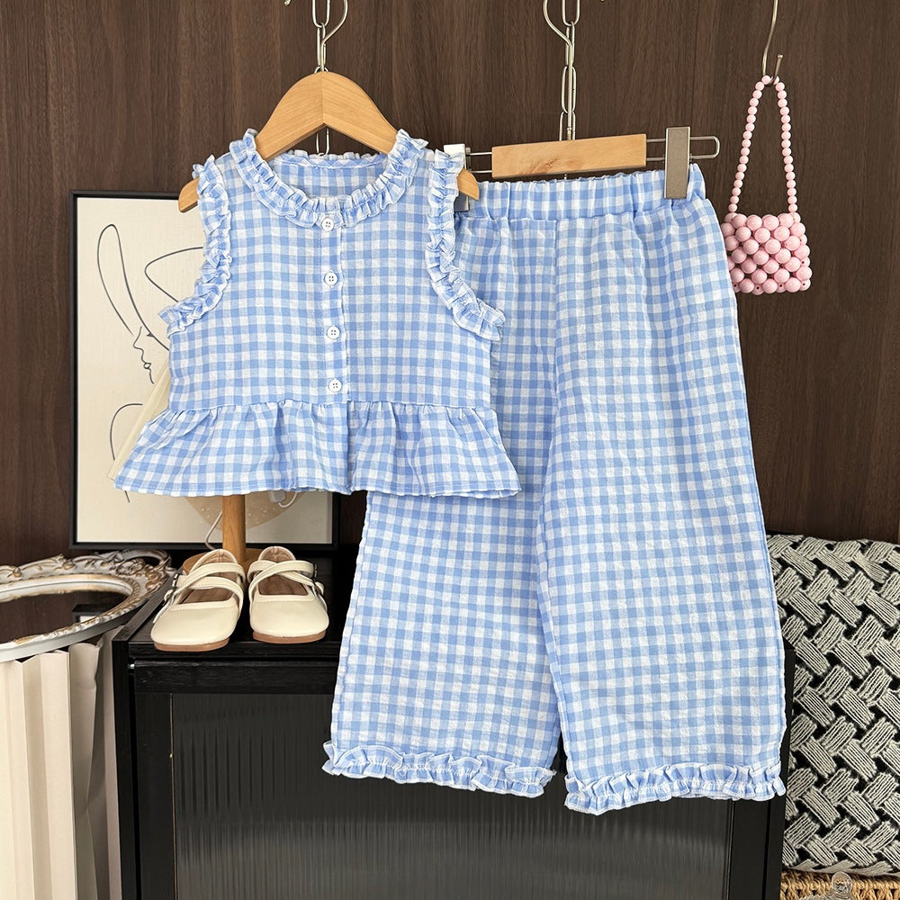 Girls Lace Contrast Plaid Sleeveless Vest and Wide-leg Pants Set