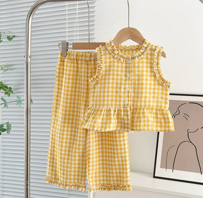 Girls Lace Contrast Plaid Sleeveless Vest and Wide-leg Pants Set