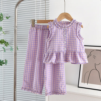Girls Lace Contrast Plaid Sleeveless Vest and Wide-leg Pants Set