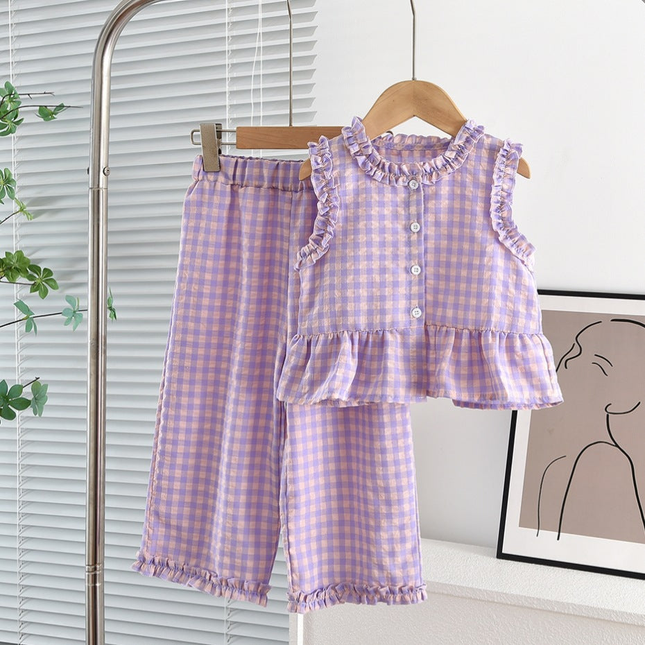 Girls Lace Contrast Plaid Sleeveless Vest and Wide-leg Pants Set