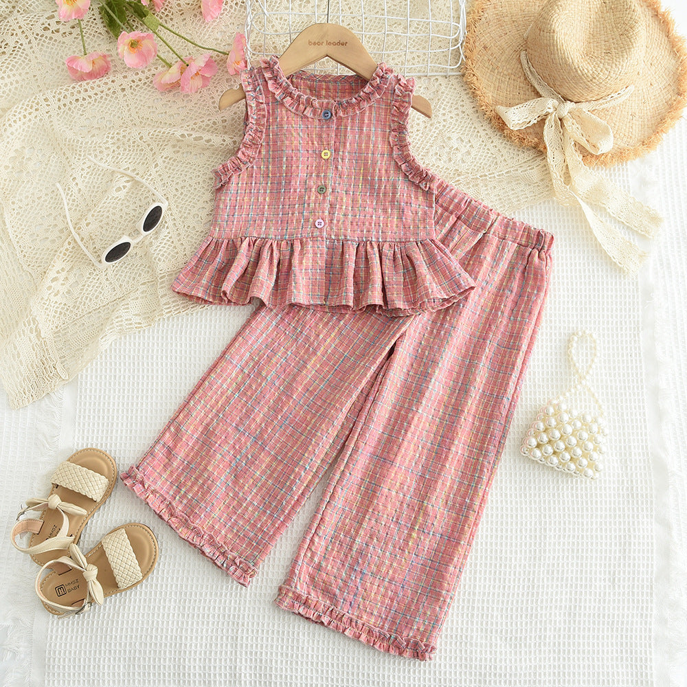 Girls Lace Contrast Plaid Sleeveless Vest and Wide-leg Pants Set