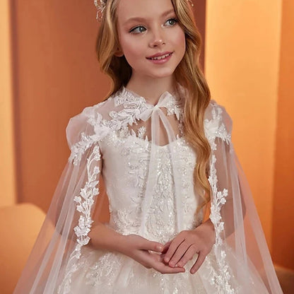 Girls Lace Wedding Dress with Cape
