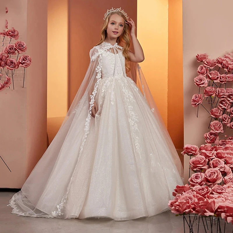 Girls Lace Wedding Dress with Cape