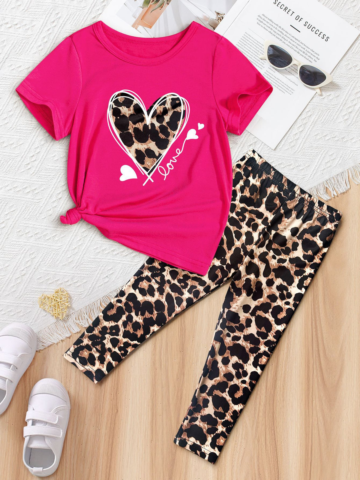 Girls' leopard print casual sporty short-sleeved tight pants
