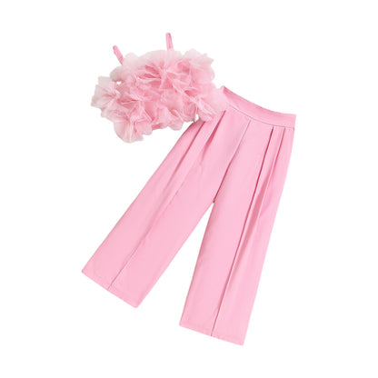 Girls Mesh Floral Strap Top and Trousers Set