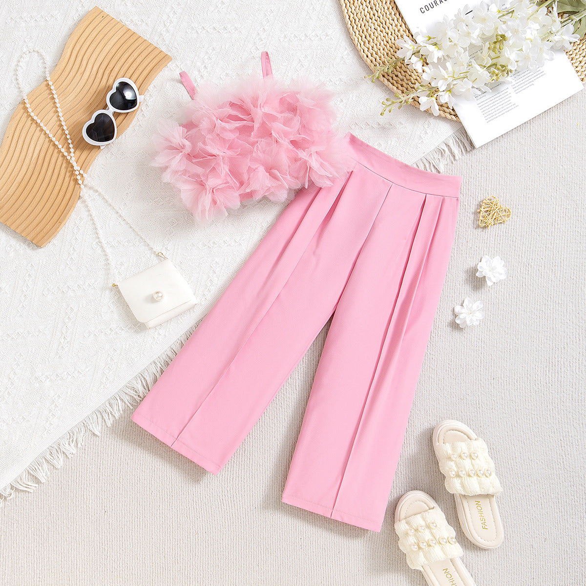 Girls Mesh Floral Strap Top and Trousers Set