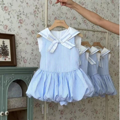 Girls Navy Striped Cotton Dress