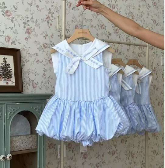 Girls Navy Striped Cotton Dress