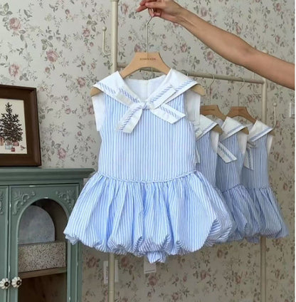 Girls Navy Striped Cotton Dress