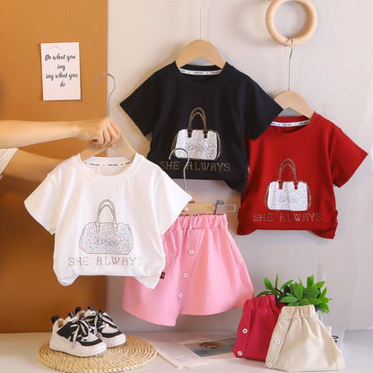 Girls Rhinestone Round Neck Short Sleeve Two-Piece Set