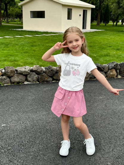 Girls Rhinestone Round Neck Short Sleeve Two-Piece Set
