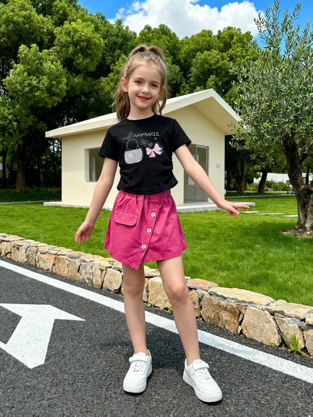 Girls Rhinestone Round Neck Short Sleeve Two-Piece Set