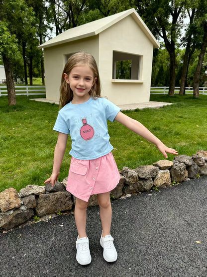 Girls Rhinestone Round Neck Short Sleeve Two-Piece Set
