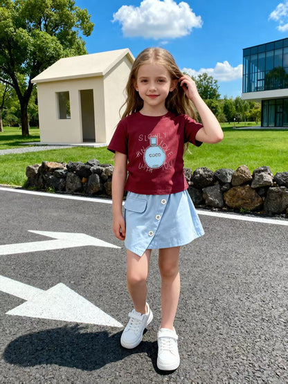 Girls Rhinestone Round Neck Short Sleeve Two-Piece Set