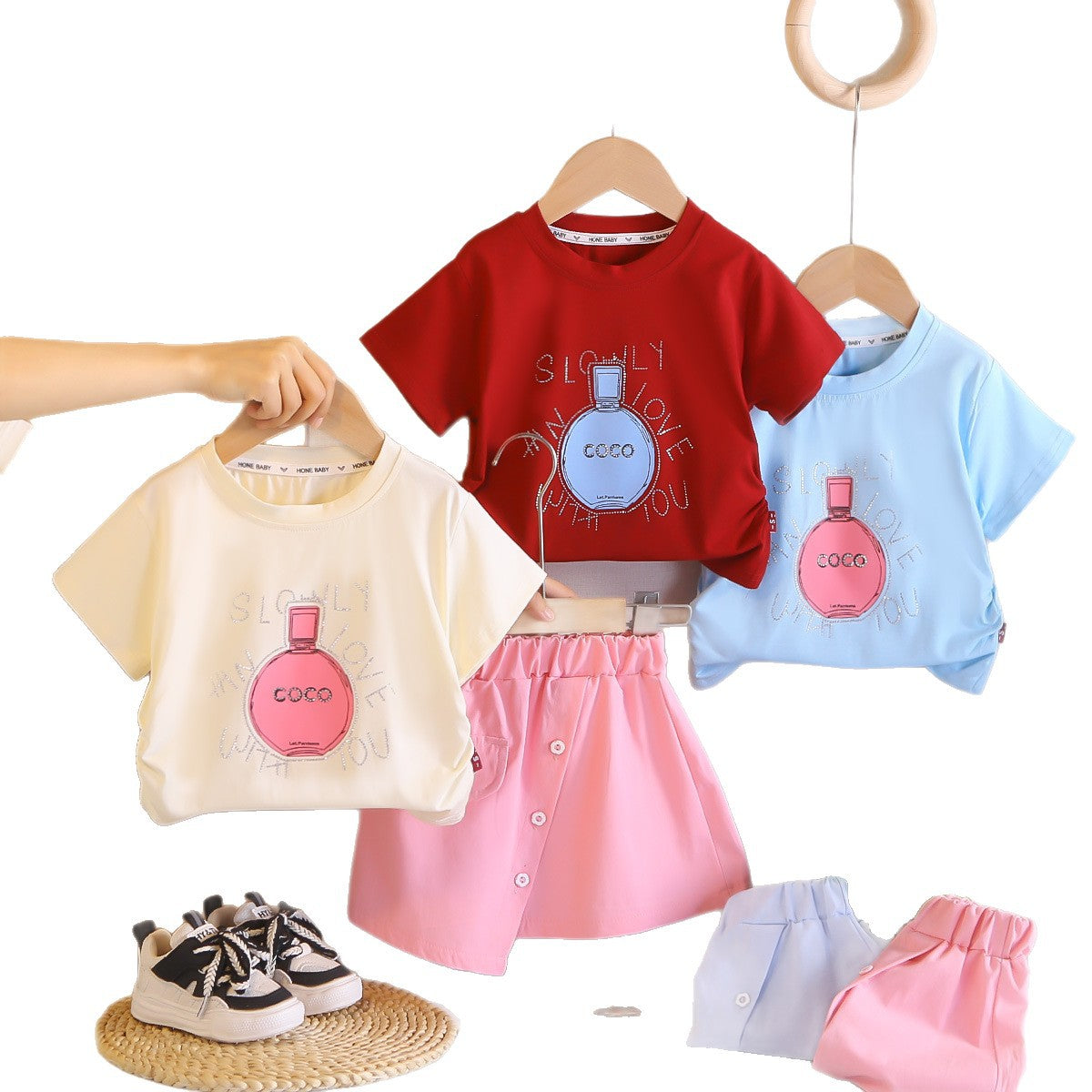 Girls Rhinestone Round Neck Short Sleeve Two-Piece Set