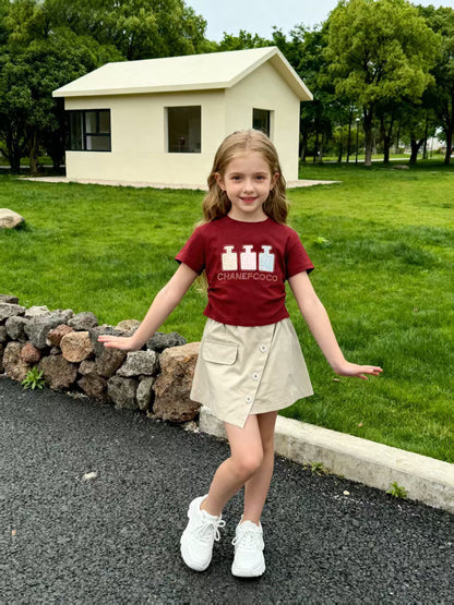 Girls Rhinestone Round Neck Short Sleeve Two-Piece Set