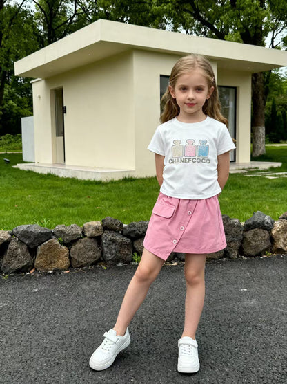 Girls Rhinestone Round Neck Short Sleeve Two-Piece Set