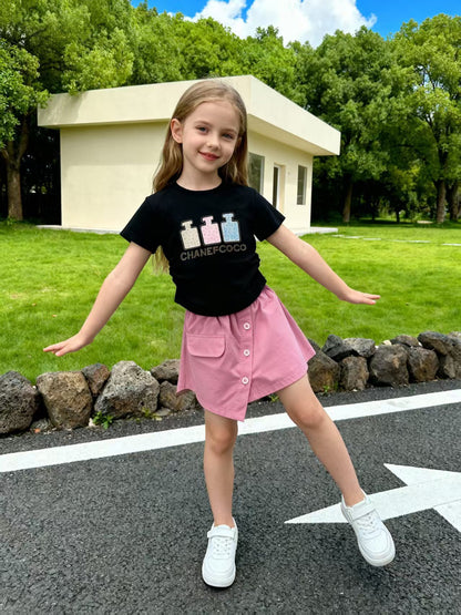 Girls Rhinestone Round Neck Short Sleeve Two-Piece Set