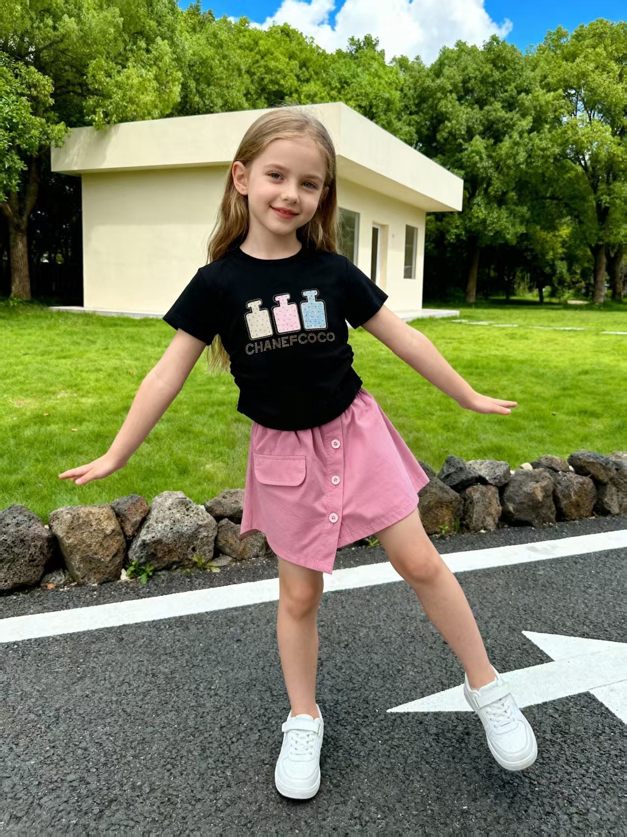 Girls Rhinestone Round Neck Short Sleeve Two-Piece Set