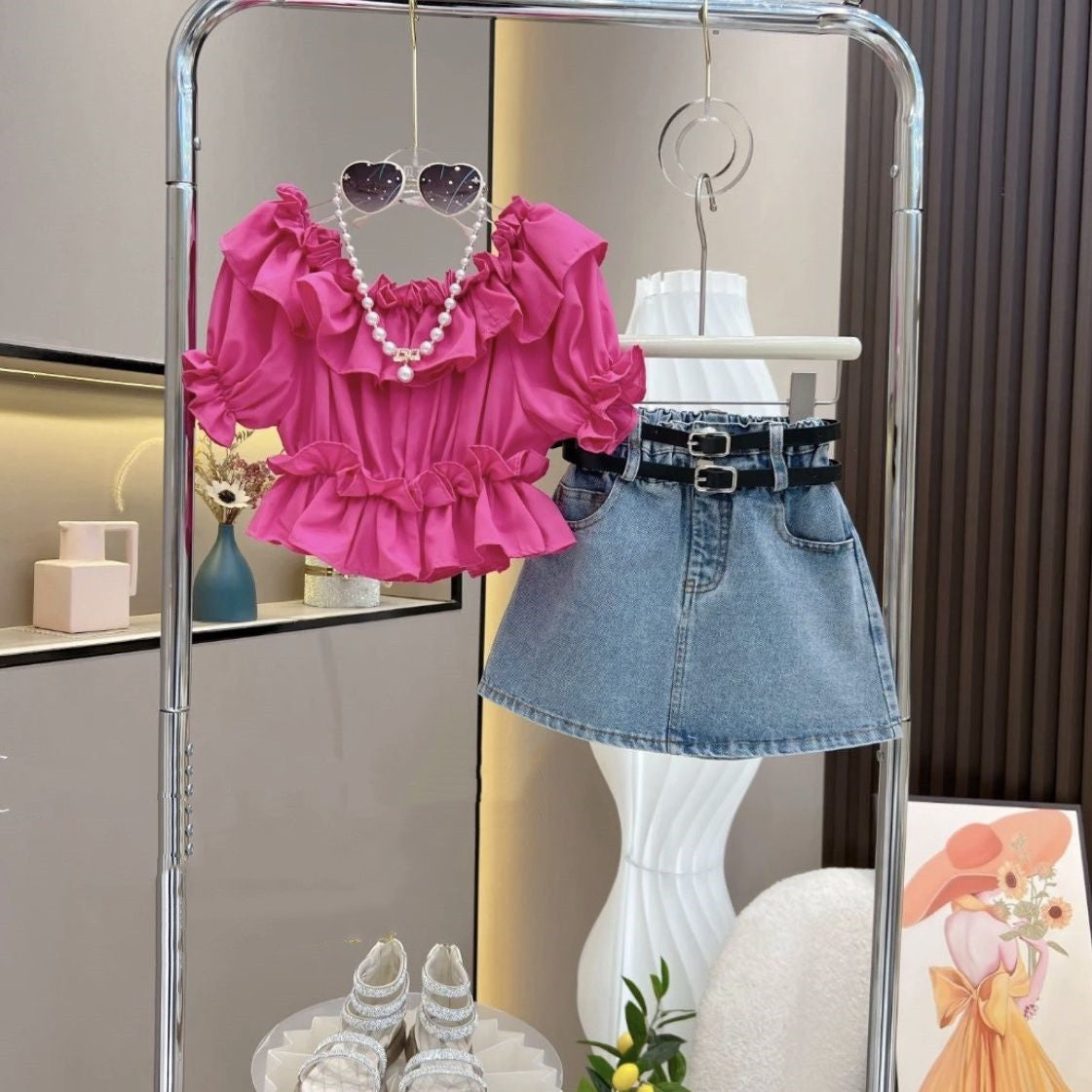 Girls Ruffled Off-Shoulder Top and Denim Skirt
