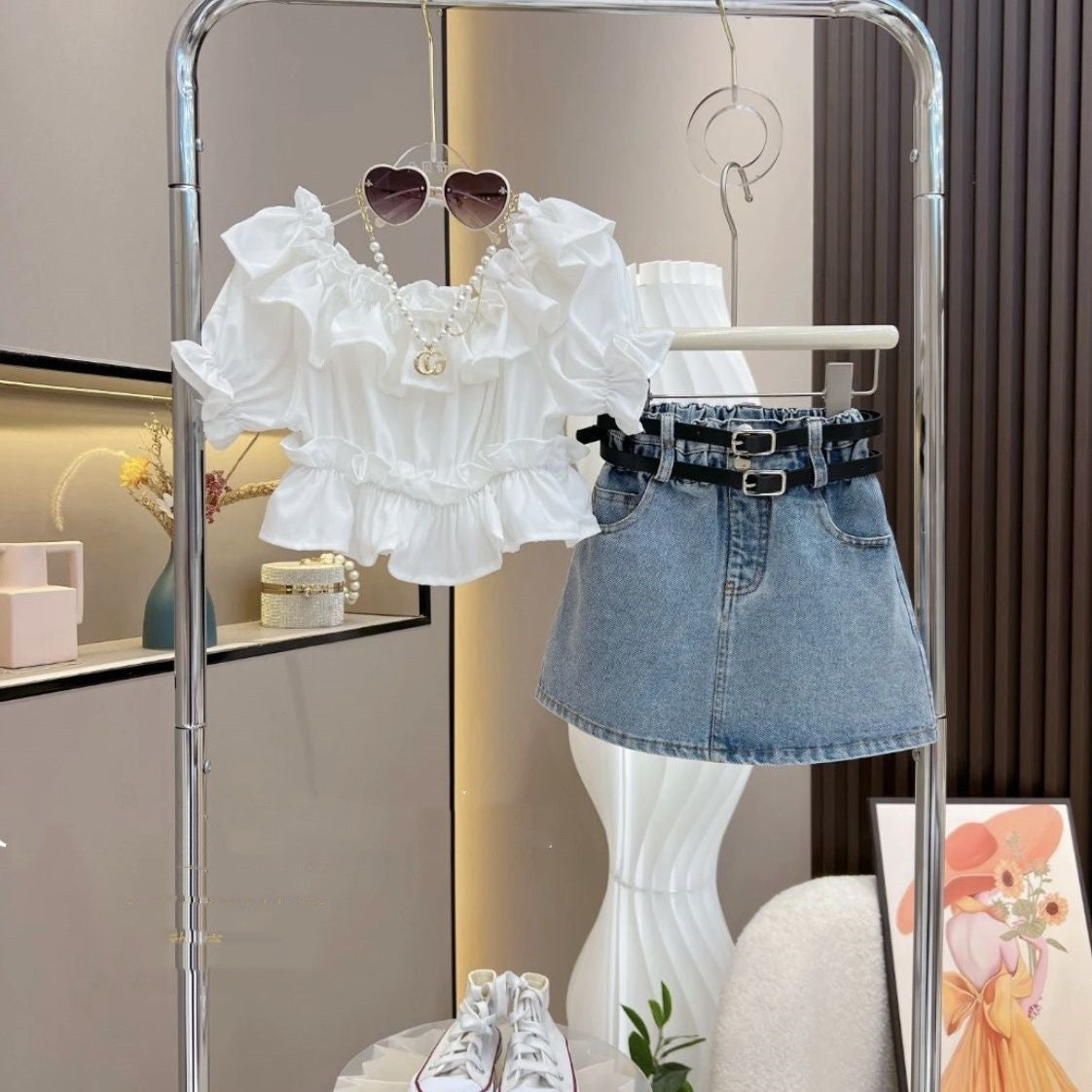 Girls Ruffled Off-Shoulder Top and Denim Skirt