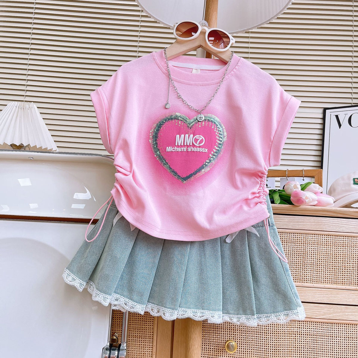 Girls Sequins Denim Skirt Set with Lace Trim
