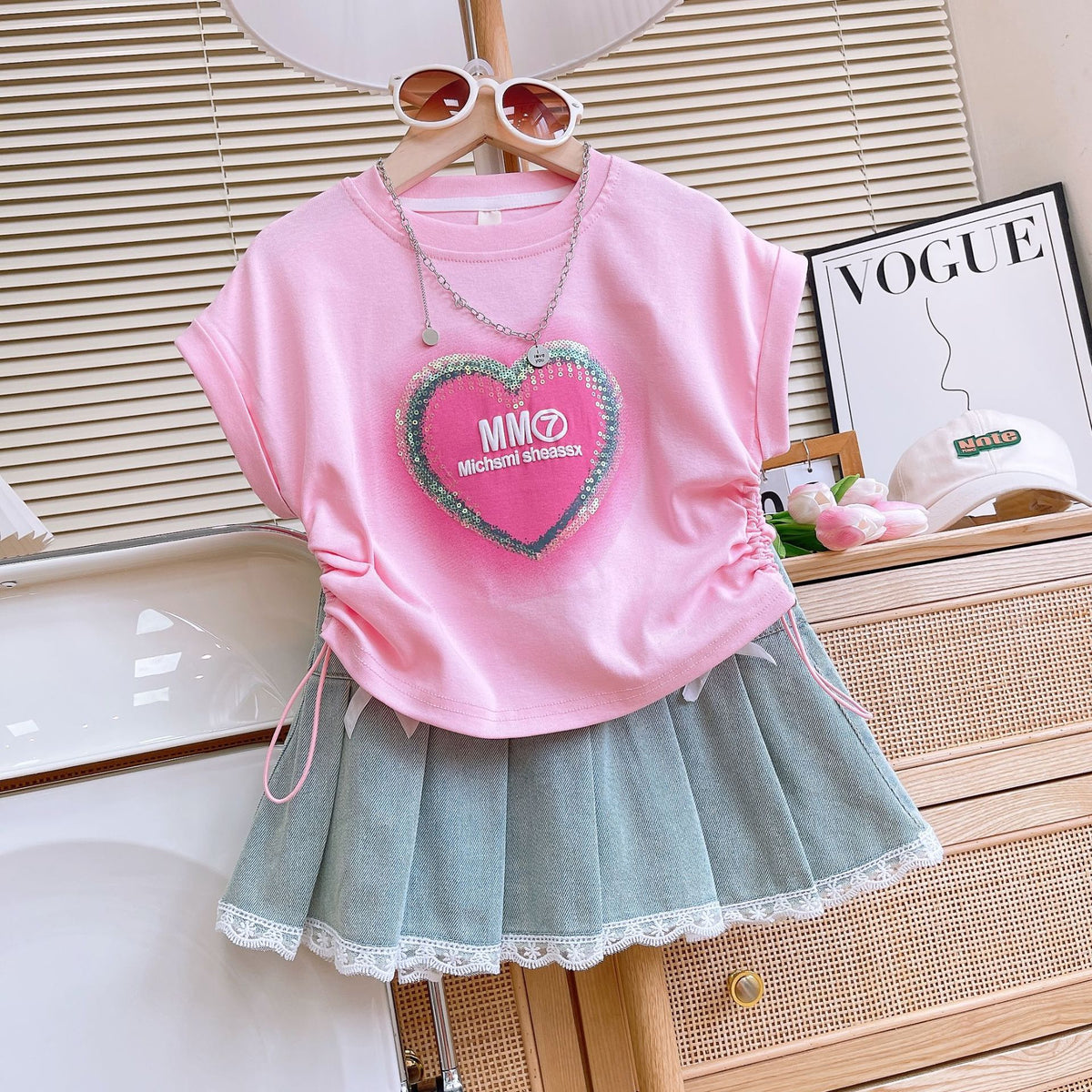 Girls Sequins Denim Skirt Set with Lace Trim