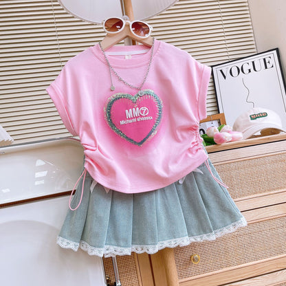 Girls Sequins Denim Skirt Set with Lace Trim