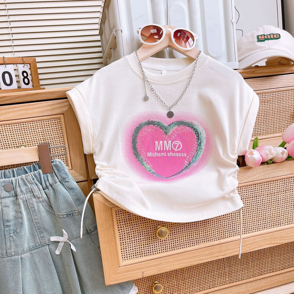 Girls Sequins Denim Skirt Set with Lace Trim